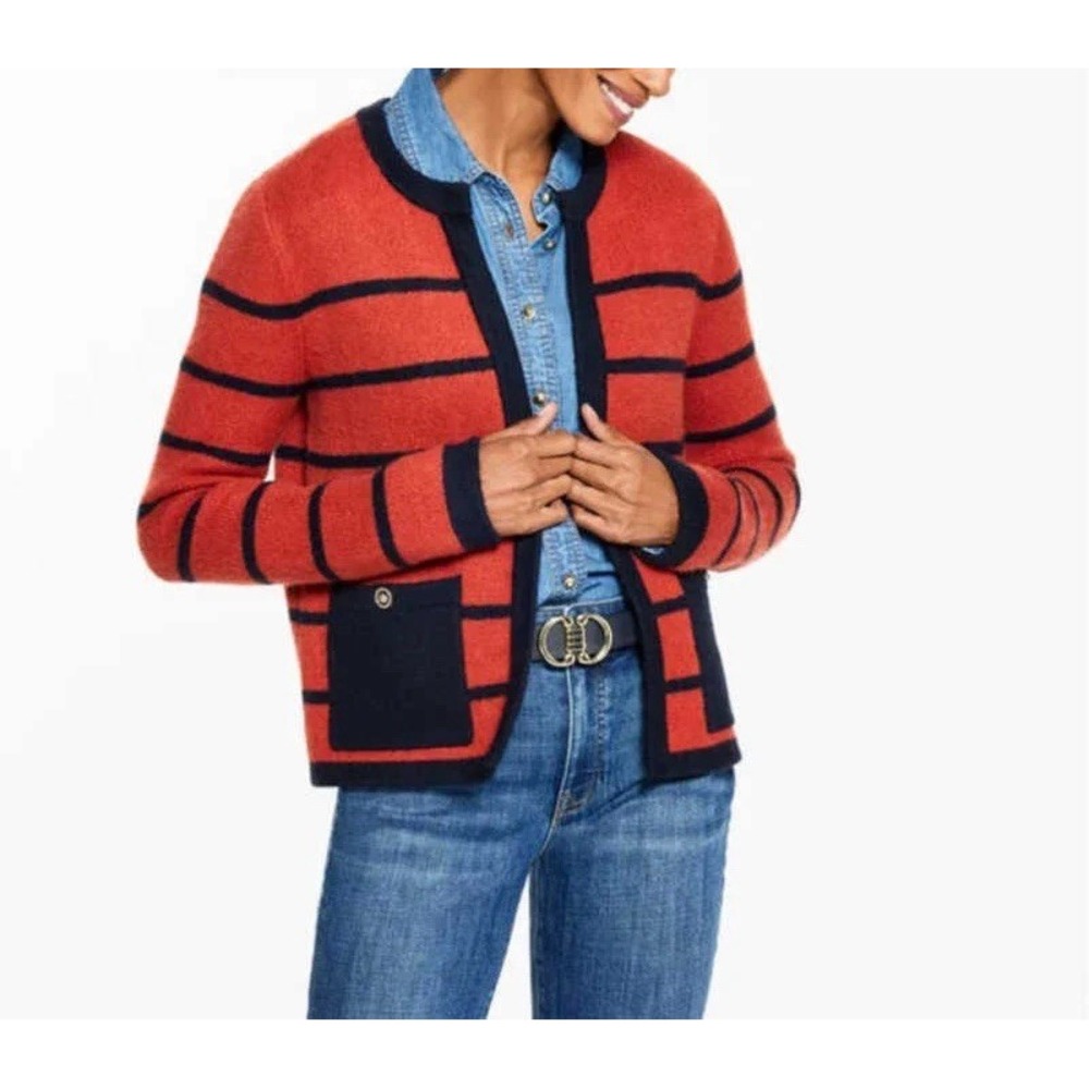Talbots Striped Open Front Cardigan Womens Size SP Red Navy Wool Blend Preppy